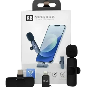 K8 2-in-1 Wireless Clip Microphone, Portable Mini Mic with Type-C Connector, Universal Device Compatibility, Black